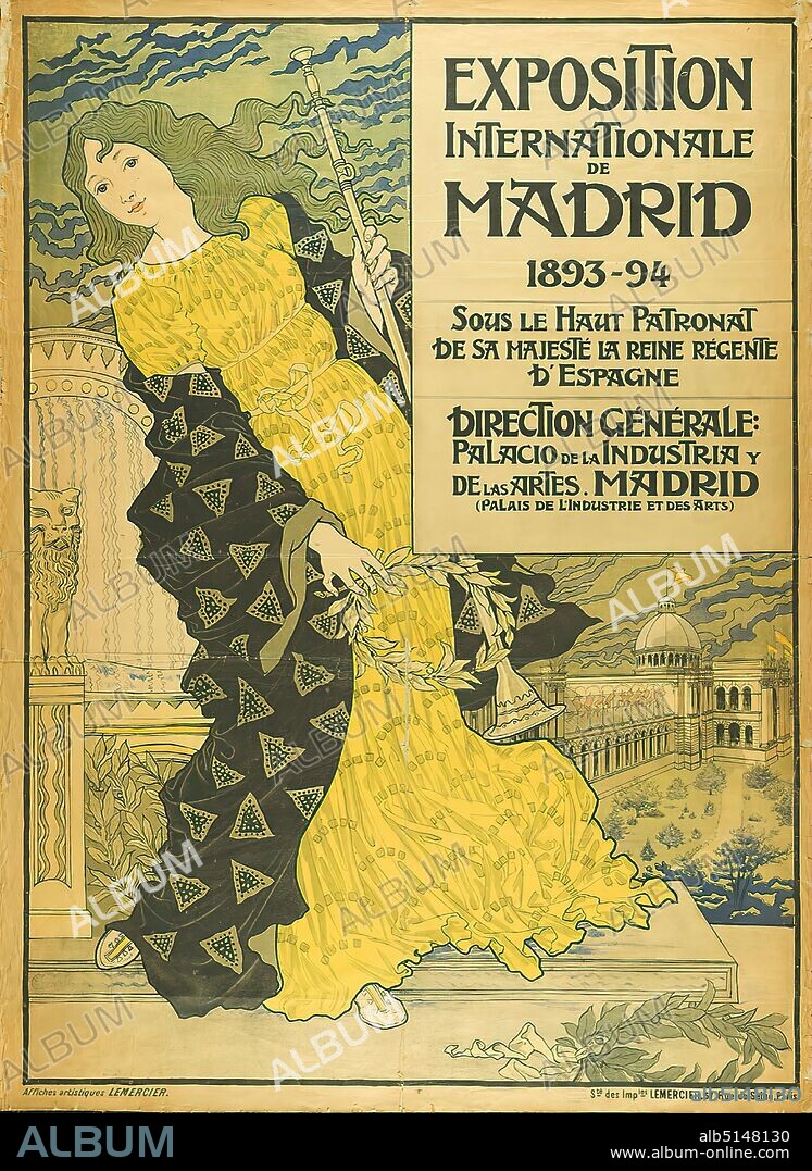 Imprimerie Lemercier, Eugène Grasset, Exposition Internationale de Madrid 1893-1894, paper, lithograph, total: height: 149 cm; width: 109 cm, signed: bottom left in print: E. Grasset, exhibition posters, woman, architecture, wreath, garland, crown with laurel, art nouveau.