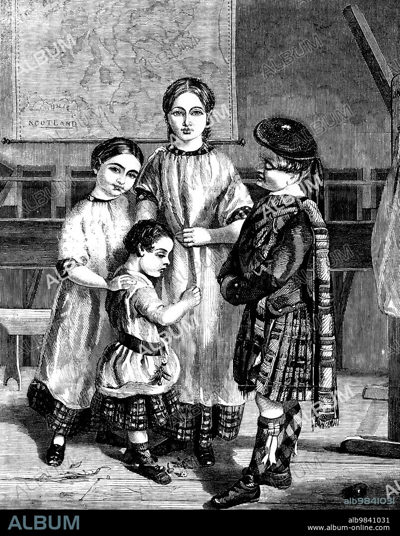 Group of Children in the Royal Caledonian Asylum [in London] - from a painting by Mr. Wighton, 1858. 'The object of the institution is the maintenance and education of the children of soldiers, sailors, and marines, natives of Scotland, who have either died or been disabled in the service of their country...At present there are sixty-seven boys and forty-nine girls in the asylum, many of whom are the sons and daughters of the brave Scottish soldiers who so nobly fought and died during the late Russian war...There is here represented a very touching picture of a little orphan boy, about five years of age, who has recently been placed in the Asylum. He appears to have just returned from the childlike occupation of gathering wild flowers, and to have attracted the attention of an elder boy and two girls who stand around him, and seem to contemplate his youthful appearance with feelings of sympathy and admiration'. From "Illustrated London News", 1858.