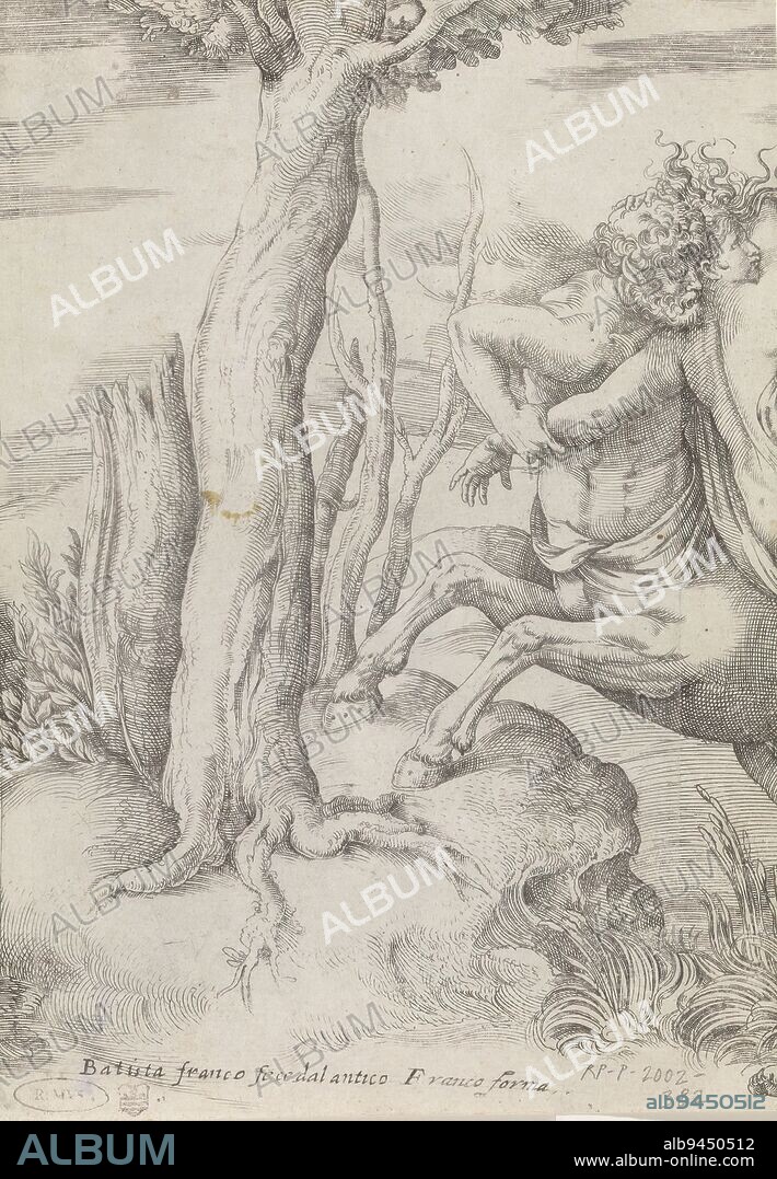 The robbery of Deïanira, Deïanira is taken by the centaur Nessus., print maker: Battista Franco, (mentioned on object), Italy, 1520 - 1561, paper, etching, engraving, height 247 mm × width 183 mm.