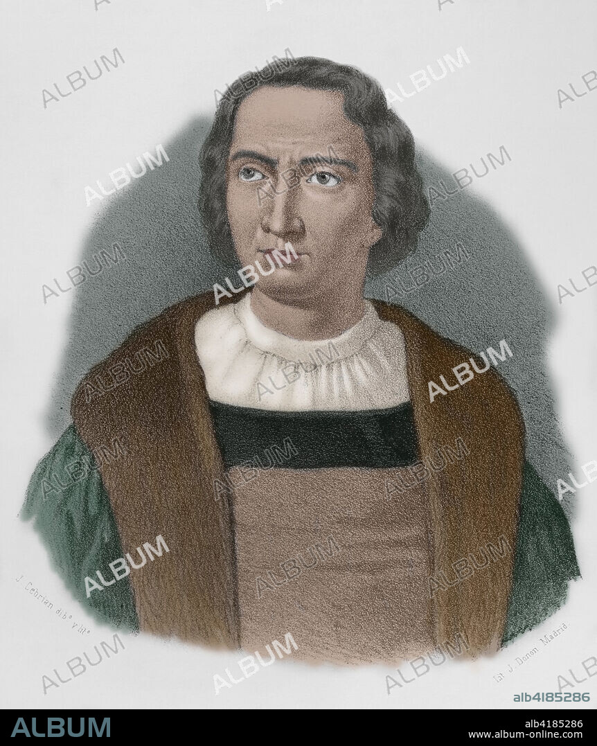 JOSÉ CEBRIÁN (1839-1904). SPANISH ILLUSTRATOR AND ENGRAVER.. Cristóbal Colón (1451-1506). Navegante, almirante, virrey y gobernador general de las Indias Occidentales al servicio de la Corona de Castilla. Descubridor de América en 1492. Retrato. Dibujo por Cebrián. Litografía. Coloreada. Crónica General de España, Historia Ilustrada y Descriptiva de sus Provincias. Andalucía, 1867.
