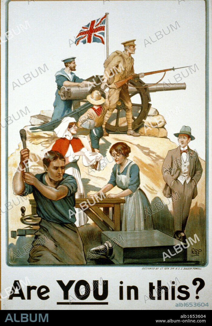 British, World War I Poster, 1917, designed by Robert Baden-Powell, encouraging everyone to contribute to the war effort. 'Are you in this?' Factory worker, female munitions worker, Nurse, Boy Scout supporting the Army and Navy.