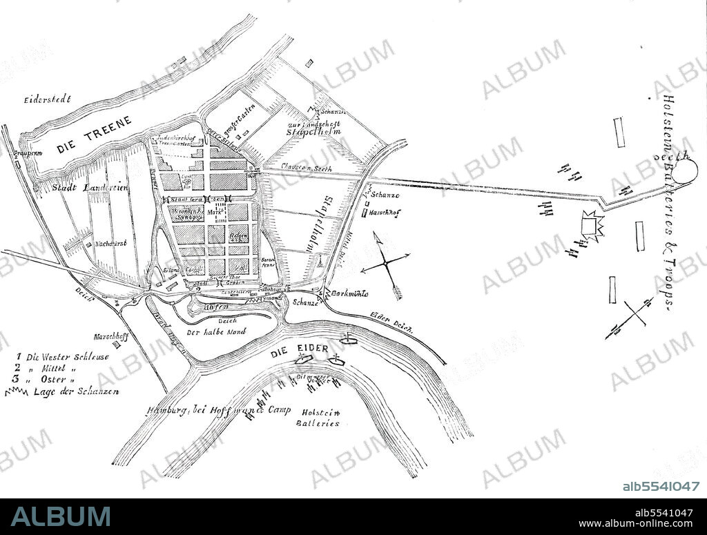 UNKNOWN. Schleswig-Holstein War - Plan of Friedrichstadt, [now in Germany], 1850. Map of the town and the river Eider showing three sluices: 'No. 1. Die Wester Schleuse. 2. Mittel. 3. Oster. The difficulty of storming the place will be seen, from there being only the one road marked below, across the marshy ground. It is now all under water in front of the town...Friedrichstadt...was, in 1620, a Friesland village, called Seebiil. Duke Frederick III., of Schleswig-Holstein, being applied to by a number of fugitives from Holland, persecuted Arminians, or remonstrants, permitted them to settle in this village, with full liberty to retain their own religious faith and forms. They reclaimed the neighbouring lands from the river by large dykes and sluices in the Dutch manner...The Lutheran Church has, it is said, been set on fire by the bombardment, and was burning when the last accounts left'. From "Illustrated London News", 1850.