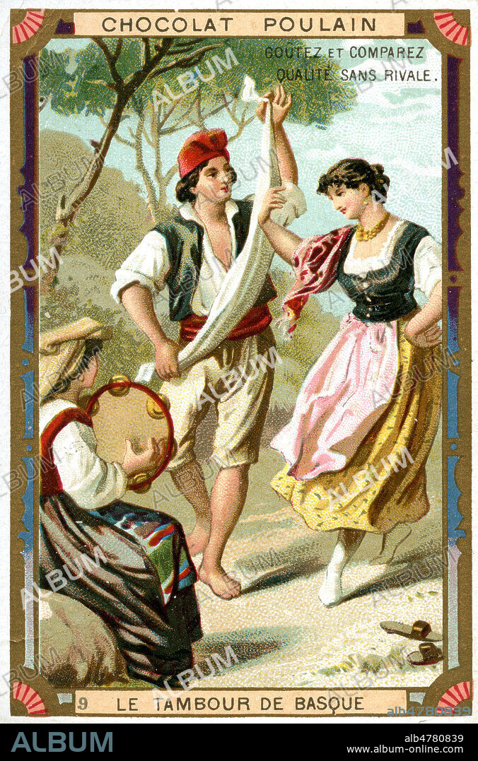 Le tambour de basque (ou tambourin), dans la region du pays basque. Illustration anonyme pour un chromo publicitaire vers 1890. Credit : Coll. Jonas/Kharbine-Tapabor.Credit : Coll. Jonas/Kharbine-Tapabor.