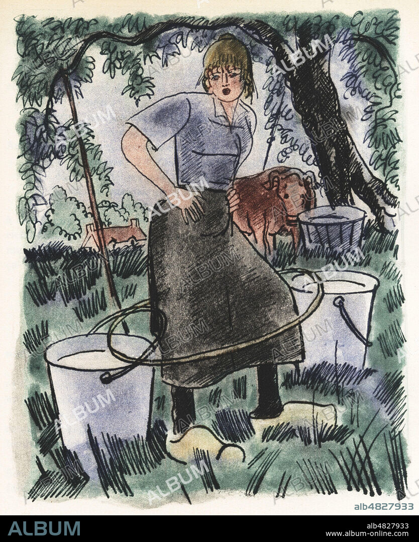 "L'AVEU" Celeste Malivoire, fille de la ferme : "Je n'peux plus porter mon lait! ...- je crois bien que me voila grosse" . Nouvelle de Guy de MAUPASSANT, parue d'abord ds GIL BLAS en juillet 1884. Illustration de Pierre FALKE (1884-1947), in Oeuvres Completes de MAUPASSANT (en 15 volumes) , edition Librairie de France, 1935, Exemplaire Original conserv dans nos collections. Credit Collection KHARBINE TAPABOR.