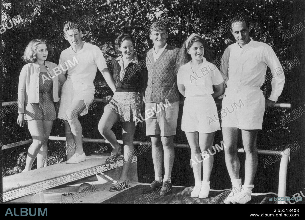 An exclusive photograph of the three Menuhin whose marriage romance stirred the world swimming pool on the Menuhin Estate at Los Gatos, California.Yehudi Menuhin the world famous violinist, who was married in London last May is returning to give two concerts in London in the Spring, and will tour the provinces.Left to right, Yehudi's sister Hephzibah (now Mrs. Lindsay Nicholas), Mr. Lindsay Nicholas - (Hepzibah's husband) Nola, wife of Yehudi Menuhin who is sister of Lindsay Nicholas), Menuhin, Yaltah ***** William Strix) sister of ***** husband Mr. Willam. December 31, 1938.