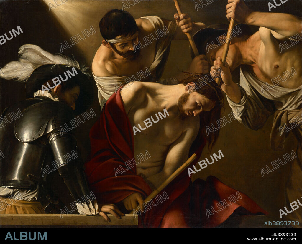 CARAVAGGIO. The Crowning with Thorns. Date/Period: Between 1602 and 1604. Painting. Oil on canvas. Height: 1,270 mm (50 in); Width: 1,655 mm (65.15 in).