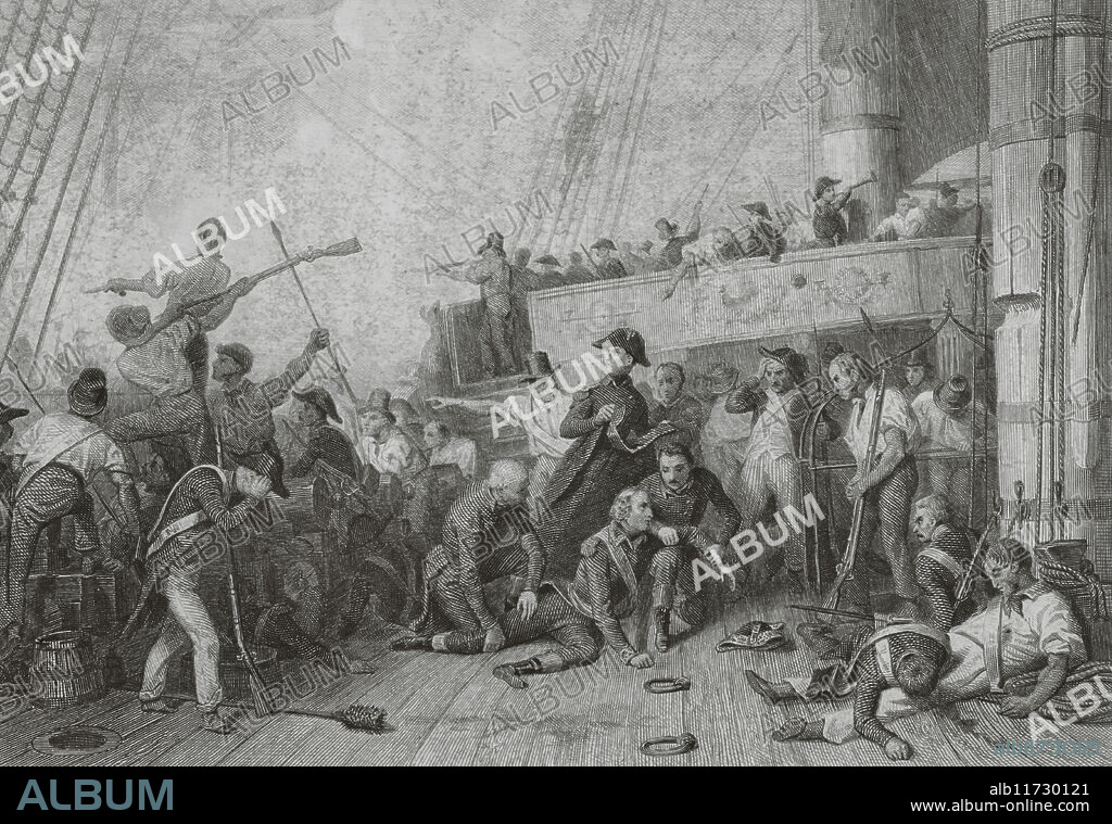 KARL GIRARDET (1813-1871). SWISS ARTIST. PAUL GIRARDET (1821-1893). SWISS-BORN FRENCH COPPER ENGRAVER.. Death of Counter admiral Magon (1763-1805) at the Battle of Trafalgar, 21 October 1805, in command of the French ship of the line "Algésiras". Drawing by Karl Girardet. Engraving by Paul Girardet. "Histoire du Consulat et de l'Empire" (History of the Consulate and the Empire of France under Napoleon), by A. Thiers. Volume VI. Published in Paris, 1847.