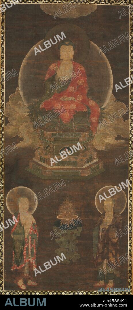 Shakyamuni Triad: Buddha Attended by Manjushri and Samantabhadra (Buddha), late 1300s. This triptych is a rare example of Yuan Buddhist painting. This center panel depicts the historic Buddha Shakyamuni flanked by two attending bodhisattvas. The right panel features Manjushri, the bodhisattva of wisdom, riding a lion. The panel on the left features Samantabhadra, the bodhisattva of universal virtue, riding an elephant. Included in the symmetrical configuration are also the two disciples of the Buddha, Ananada and Kasyapa, two foreigners who attend the bodhisattvas? lion and elephant, and a youth and a female worshiper, all of whom seek enlightenment from the bohisattvas.   The clouds above and around the divine beings form one scene that illustrates Shakyamuni?s sermon from the  Lotus Sutra . This text became an important basis for Buddhist faith throughout East Asia and was central to the Mahayana school of Buddhism.