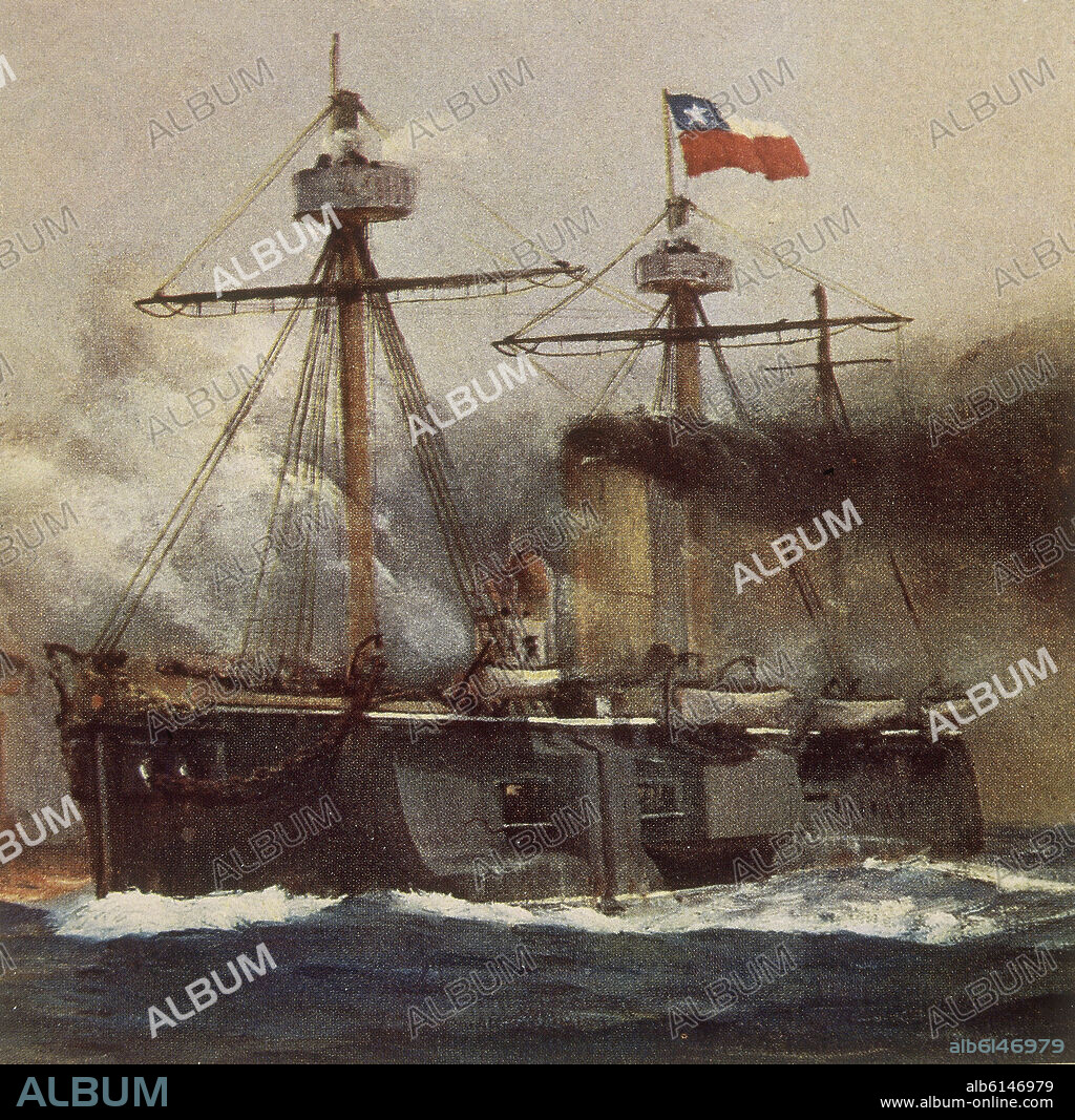 THOMAS SOMERSCALES. COMBATE DE ANGAMOS EL 8 DE OCTUBRE DE 1879 - DETALLE DEL BLINDADO CHILENO COCHRANE - GUERRA DEL PACIFICO - SIGLO XIX.