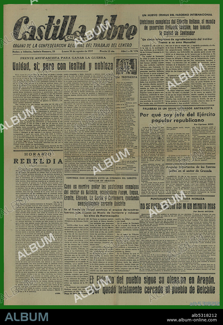 Guerra civil española (1936-1939). Portada del periódico Castilla Libre, órgano de la Confederación Regional del Trabajo del Centro, CNT-AIT. Madrid, agosto de 1937.