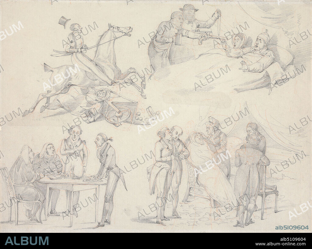 Symptoms: of Unwelcome Guests, of Being Off the Curb, of Can't Exactly Say: No Consulation of Physicians, of W'ont Exactly Say: No Consultations of Lawyers., Henry Thomas Alken, 17851851, British, between 1818 and 1822, Graphite and red chalk on medium, slightly textured, blued white, wove paper, Sheet: 6 11/16 × 8 13/16 inches (17 × 22.4 cm), accident, bed, cart, crash, death, dispute, galloping, genre subject, handgun, hats, horse (animal), horseback riders, horseback riding, men, robbers, robbery, table, women.