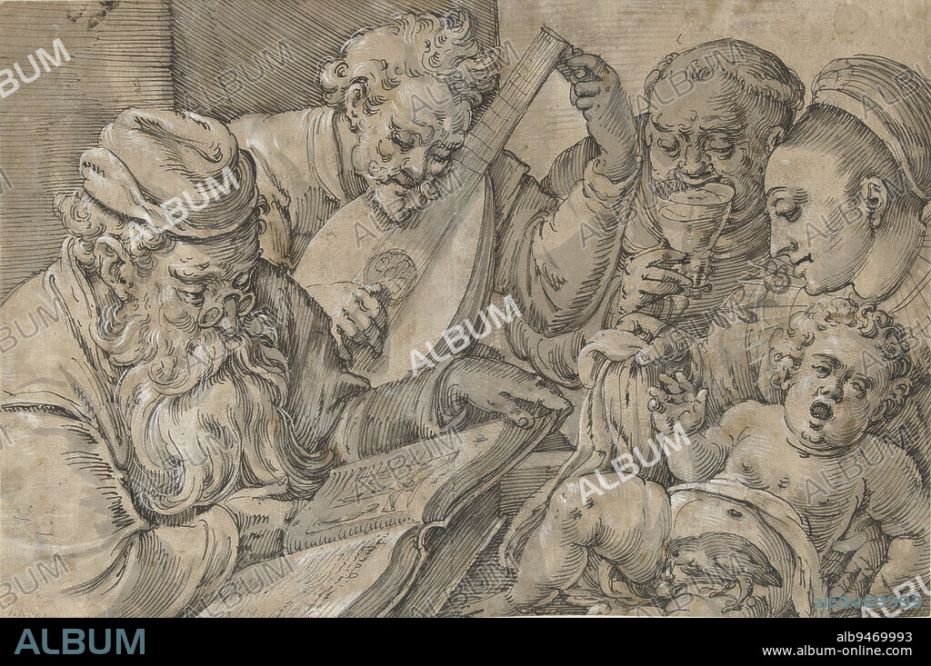 A bird bites the penis of a little boy (Feeling), a young woman smells a flower (Smell), a monk drinks a glass of wine (Taste), a man tunes a lute (Hearing), an old man reads a book with a picture of Christ on the cross (Face), The five senses (and also five ages?)., draughtsman: Anton Möller (der Ältere), 1578 - 1611, paper, pen, brush, h 257 mm × w 385 mm.