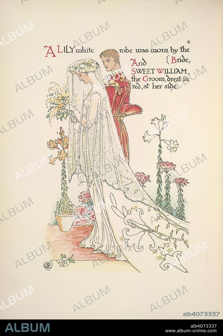 The bride and groom. A lily white robe worn by the bride, and sweet William, the groom, dressed in red. A Flower Wedding. Described by two wallflowers. Decorated by Walter Crane. Cassell & Co.: London, 1905. Source: 12812.b.54, page 4. Language: English.