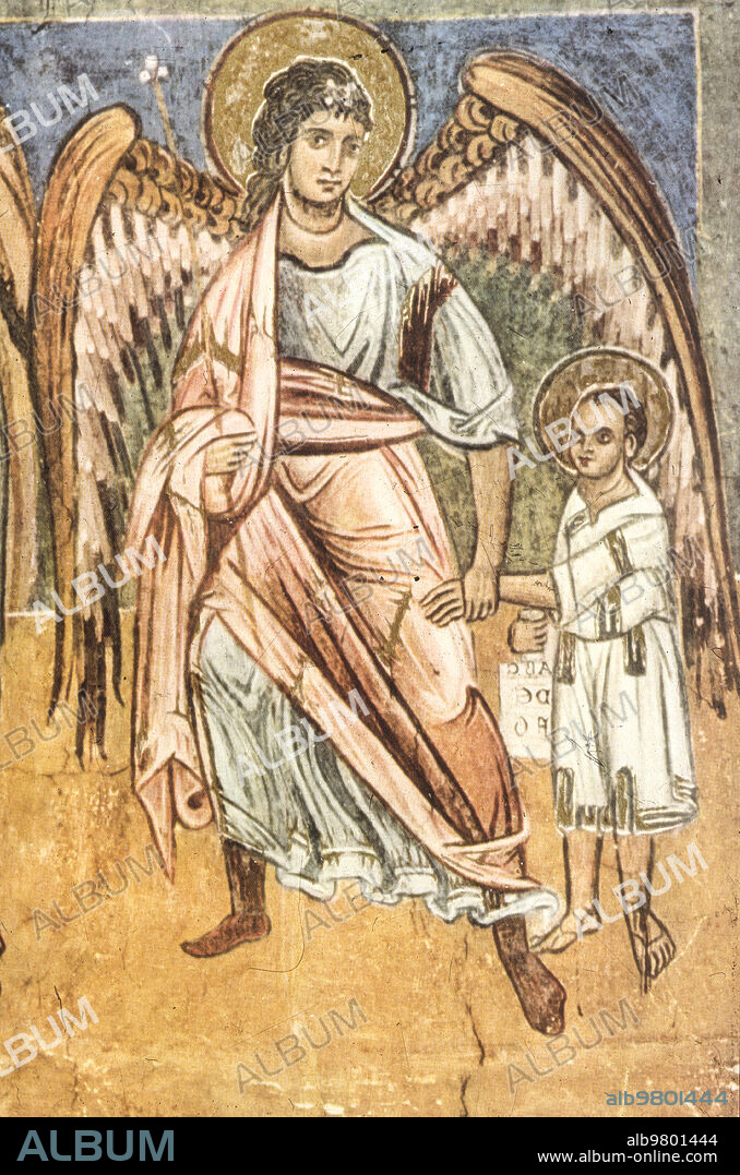 Angel leads to the desert St. John the Baptist, life of St. John the Baptist, 13th century, baptistery, parma.