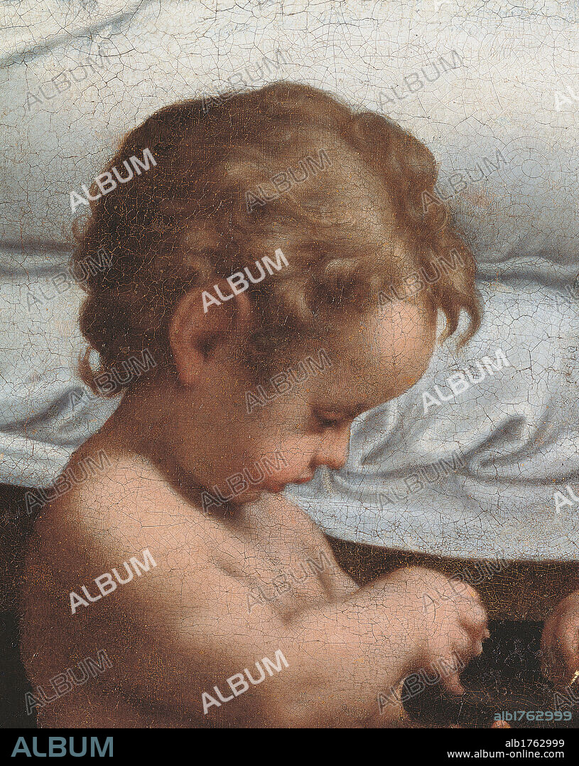 Jupiter and Dana, by Antonio Allegri known as Correggio, 1531-1532 about, 16th Century, oil on canvas, cm 161 x 193. Italy, Lazio, Rome, Borghese Gallery. Detail. Close up face cherub. Authorization required for non editorial use.