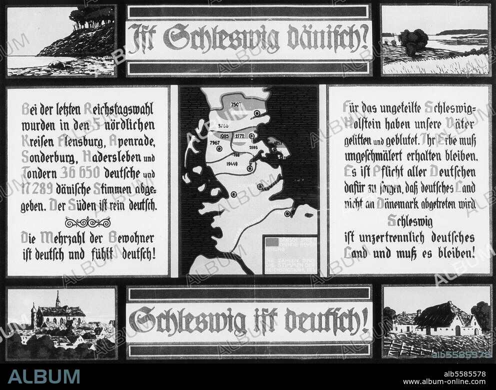 Friedensvertrag von Versailles vom. 28. Juni 1919. Teil III, Art. 109-114, Gebietsabtretungen: Nordschleswig soll in einer Volksabstimmung über seine territoriale Zugehörigkeit entscheiden. "Ist Schleswig dänisch?. Pro-deutsches Plakat, 1919. Entwurf: Chr. Kreutzfeldt.