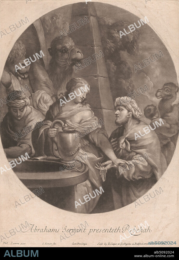 Abraham's Servant Presenteth Rebekah, Print made by John Simon, 16751755, French, after Filippo Lauri, Italian, 1623 - 1694, Italian, between 1700 and 1725, Mezzotint on medium, moderately textured, beige, laid paper, Sheet: 12 3/16 × 8 15/16 inches (31 × 22.7 cm), Plate: 11 13/16 × 8 5/8 inches (30 × 21.9 cm), and Image: 10 1/16 × 8 9/16 inches (25.6 × 21.7 cm), beauty, camels, Christianity, headscarf, honor, Judaism, men, necklace, Old Testament, praying, religious and mythological subject, rope, servant, springs (bodies of water), turban, vase, wife, woman.