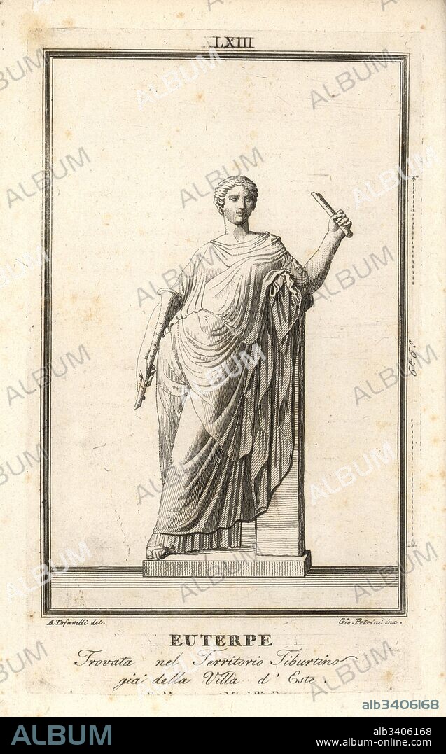 Euterpe, muse of music and lyric poetry, holding a flute. Found in the Tiburtino area of Rome near the Villa d'Este. Copperplate engraving by Gio. Perini after an illustration by A. Tofanelli from Pietro Paolo Montagnani-Mirabili's Il Museo Capitolino (The Capitoline Museum), Rome, 1820.