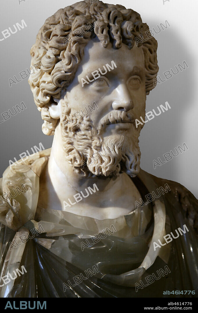 Rome, Capitolines Museums: Bust of Roman Emperor Septimius Severus (200-210 AD) of the Serapis type. Greek marble (head) and green alabaster (bust, does not belong), probably posthumous.