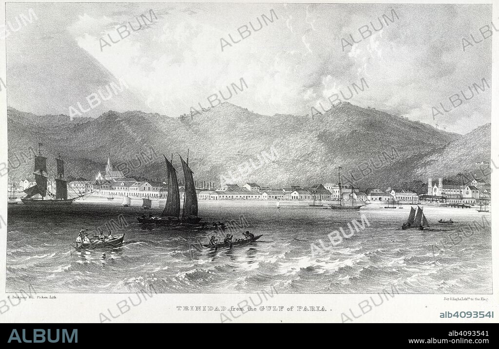 RICHARD BRIDGENS. Trinidad, from the Gulf of Paria. West India Scenery, with illustrations of negro character, the process of making sugar, &c., from sketches taken during a voyage to, and residence of seven years in, the island of Trinidad. [Plates, with accompanying text.]. R. Jennings & Co.: London, [1836?]. Port of Spain, Trinidad. Image taken from West India Scenery, with illustrations of negro character, the process of making sugar, &c., from sketches taken during a voyage to, and residence of seven years in, the island of Trinidad. [Plates, with accompanying text.]. Source: 789.g.13, plate 5. Language: English.