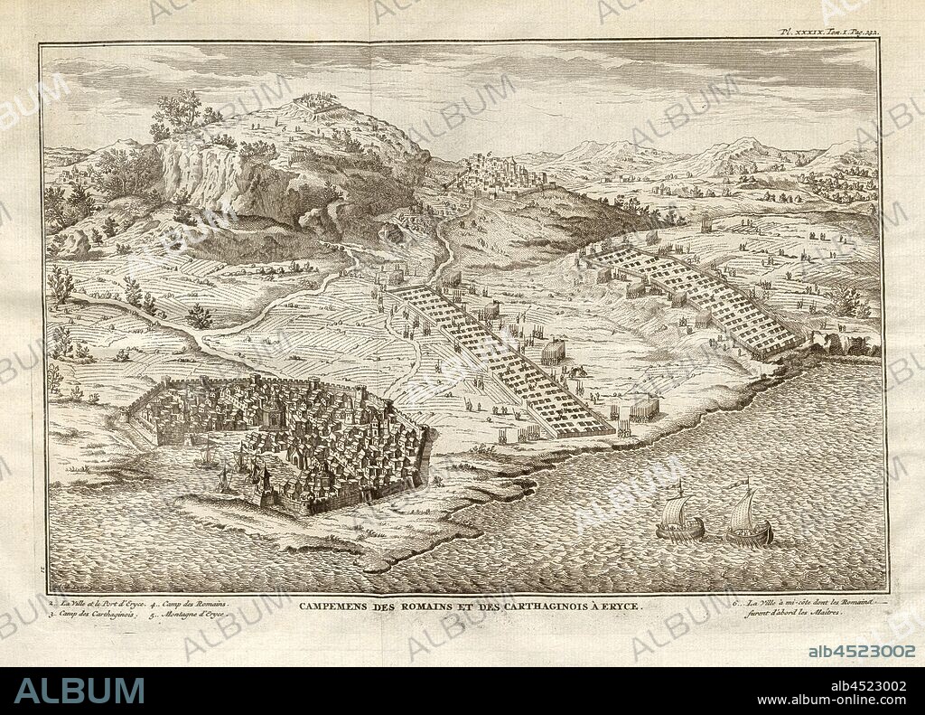 Campmen of the Romans and Carthaginians in Eryce, The camps of the Roman and Carthaginian armies at Eryce, Pl. XXXIX, Tom., I, Pag., 232, 1774, Polybius; Vincent Thuillier; Jean Charles de Folard: Histoire de Polybe. Tome 1; Amsterdam: Arkstée et Merkus, MDCCLXXIV [1774].