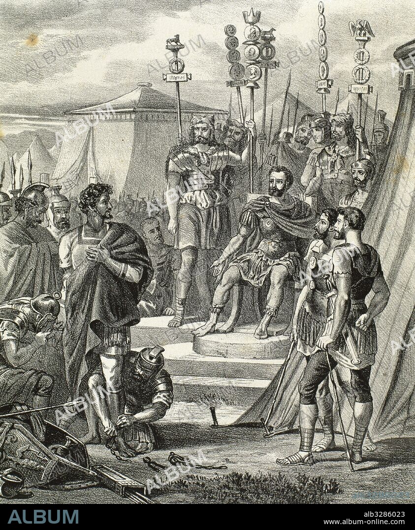 Publio Cornelio Escipión "el Africano" (Roma, 236 a. C-Liternum, 183 a. C.) General y político romano que luchó contra los cartagineses en Hispania durante las guerras púnicas. Cartagho Nova fue tomada en 209 a. C. Escipión "el Africano" prohibió el saqueo de la ciudad y respetó la vida de la ciudadanía. Grabado del siglo XIX representando el rasgo generoso de Escipión.