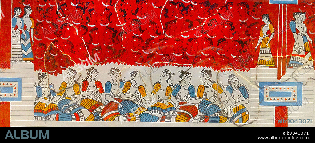 Copy of a Minoan wall painting. The original, probably from near to the north-west corner of the Central Court at Knossos, Greece. Knossos is the largest Bronze Age archaeological site on Crete and is considered Europe's oldest city. The palace was abandoned at some unknown time at the end of the Late Bronze Age, c. 13801100 BC.