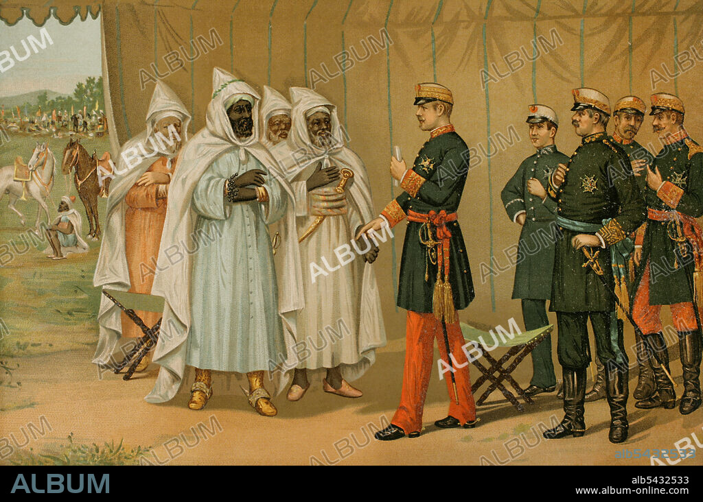 Guerra de Africa (1859-1860). El General O'Donnell (1809-1867) impone el tratado de Paz al príncipe Muley el Abbas, generalísimo marroquí y hermano del Sultán de Marruecos, para poner fin a la guerra. Cromolitografía. Historia General de España, por Miguel Moryata. Tomo VIII. Madrid, 1894.