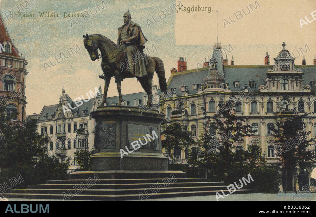 Kaiser Wilhelm Denkmal in Magdeburg, Sachsen-Anhalt, Deutschland, Ansicht um ca 1910, digitale Reproduktion einer historischen Postkarte, public domain, aus der damaligen Zeit, genaues Datum unbekannt.
