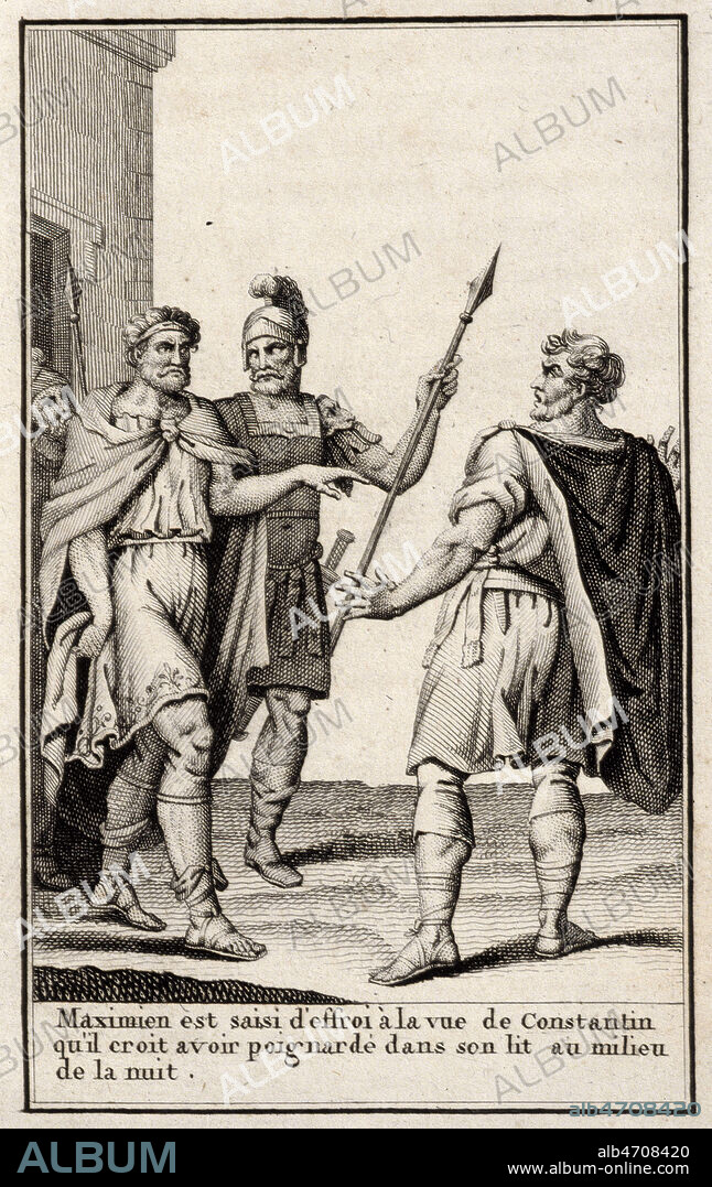 MAXIMIEN est saisi d'effroi a la vue de CONSTANTIN qu'il croit avoir poignardedans son lit au milieu de la nuit. Gravure in Beautes de l'Histoire du Bas-Empire, 1811, Leprieur Librairie. Credit COllection MA/Kharbine Tapabor.