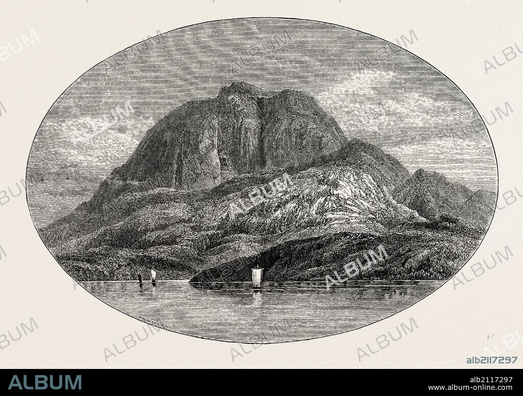 TORGHATTEN FROM THE EAST. Torghatten is a mountain on Torget island in Brønnøy municipality in Nordland county, Norway. It is known for its characteristic hole, or natural tunnel, through its center.