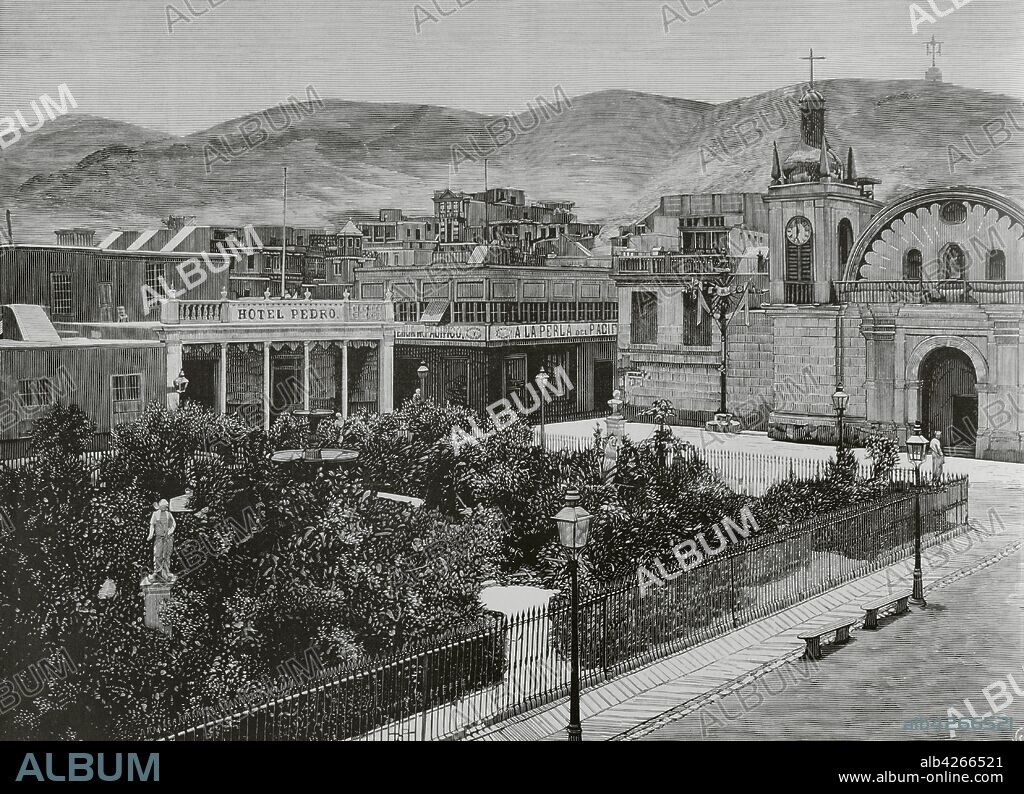The War of the Pacific or Saltpetre War. Armed conflict that pitted Chile against the allies of Bolivia and Peru (1879-1883). Peru, Chorrillos. View of the town's main square, before the battle of January 13, 1881. Chorrillos was a district of the Lima province, part of the city of Lima. It served as a luxury beach resort until it was almost totally destroyed by Chilean troops during the War of the Pacific. Engraving. La Ilustracion Espa–ola y Americana, 1881.