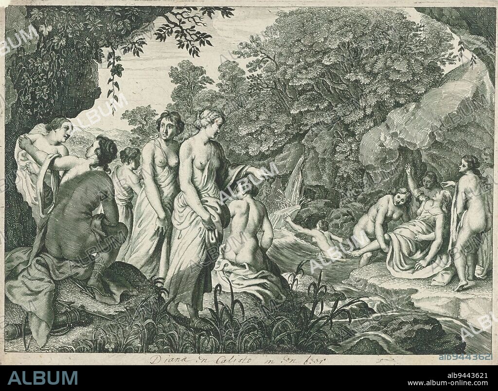 Diana discovers pregnancy of Callisto, Metamorphoses of Ovid (series title), In her cave, Diana points accusingly at her nymph Callisto, whose clothing is pulled aside by other nymphs to reveal her pregnancy., print maker: Theodor Matham, after design by: Moyses van Wtenbrouck, (attributed to), Dirck van der Lisse, (attributed to), c. 1636 - 1670, paper, engraving.