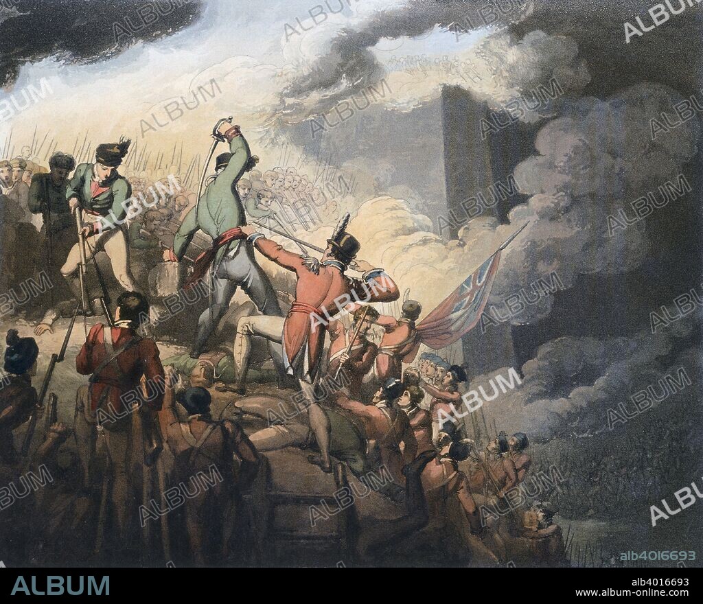 Battle of Badajoz, Spain, 6th April 1812 (1819). The British succeeded in capturing the city from the French bu suffered heavy casualties in the process. From The Victories of the Duke of Wellington, 1819.