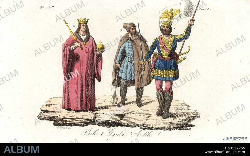 Rulers of Hungary: King Bela I the Champion 6, Gyula III 4, and Attila the Hun 1. Handcoloured copperplate engraving by Giarre from Giulio Ferrario's Costumes Ancient and Modern of the Peoples of the World, Florence, 1847.