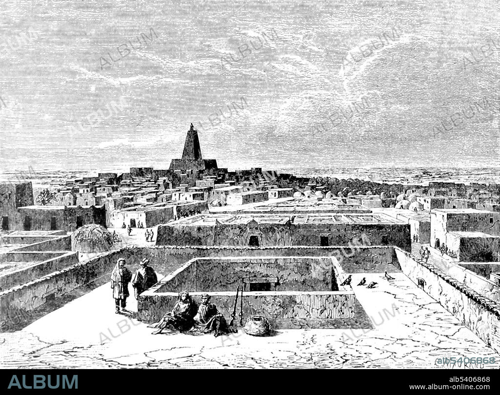 Timbuktu is an ancient city in Mali, north of the Niger River. Timbuktu flourished from the trade in salt, gold, ivory and slaves. It became part of the Mali Empire early in the 14th century. By the early 1610s the golden age of the city, during which it was a major learning and cultural center of the Mali Empire, was over, and it entered a long period of decline. Africa illustrated by William. R. Smith; illustrated by the most eminent artists, 1889 (cropped and cleaned).