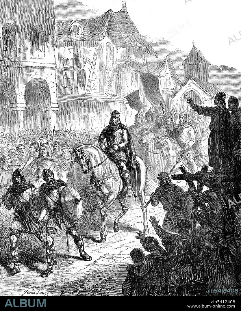 Entry of Charles Martel into Paris, after the Battle of Tours. Charles Martel (686-741) was a Frankish military and political leader, who served as Mayor of the Palace under the Merovingian kings. He is remembered for winning the Battle of Tours in 732, in which he defeated an invading Moorish army. This victory is traditionally credited with halting northward Islamic expansion in western Europe. He strengthened the Frankish state by consistently defeating, through superior generalship, the host of hostile foreign nations which beset it on all sides. He is considered to be a founding figure of the Middle Ages, often credited with a seminal role in the development of feudalism and knighthood. Etching by Francois-Auguste Trichon, undated (cropped and cleaned).