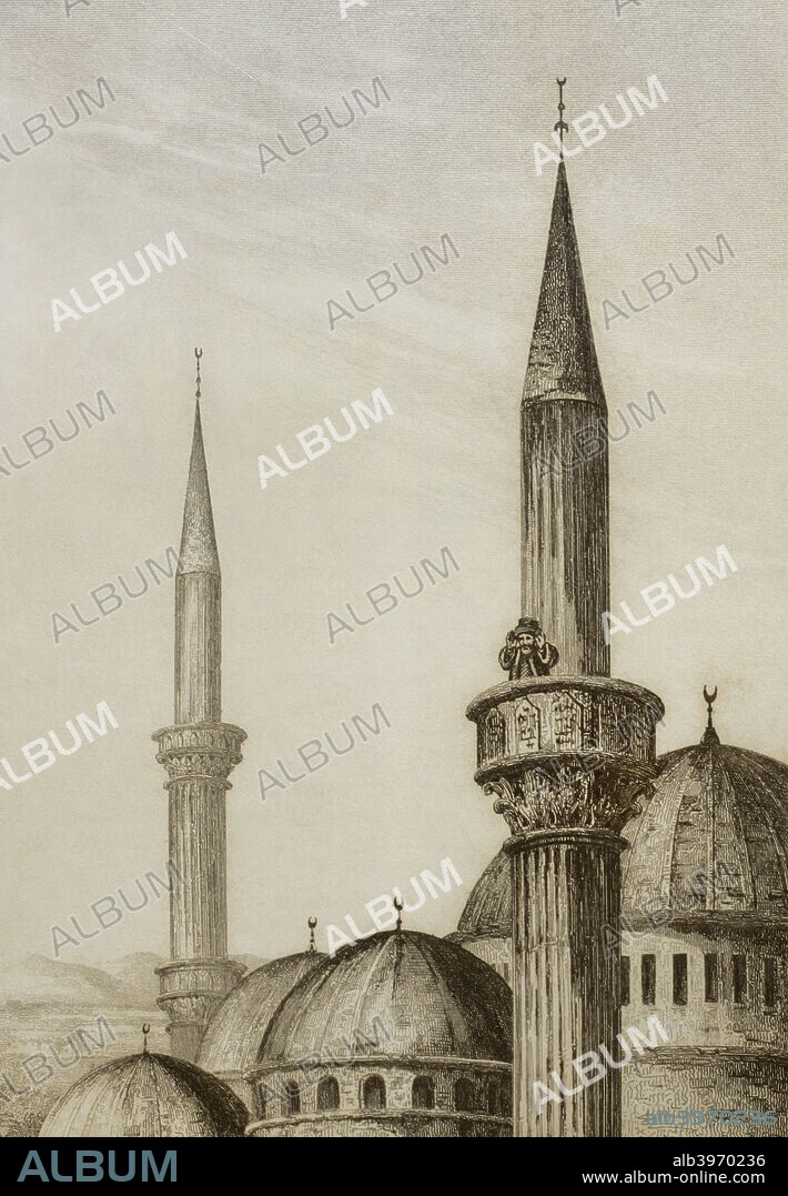 Historia de Arabia. Muecín anunciando la oración desde el minarete de la mezquita. Grabado. Panorama Universal. Historia de la Arabia, 1851. Biblioteca Histórico Militar de Barcelona. Cataluña. España.