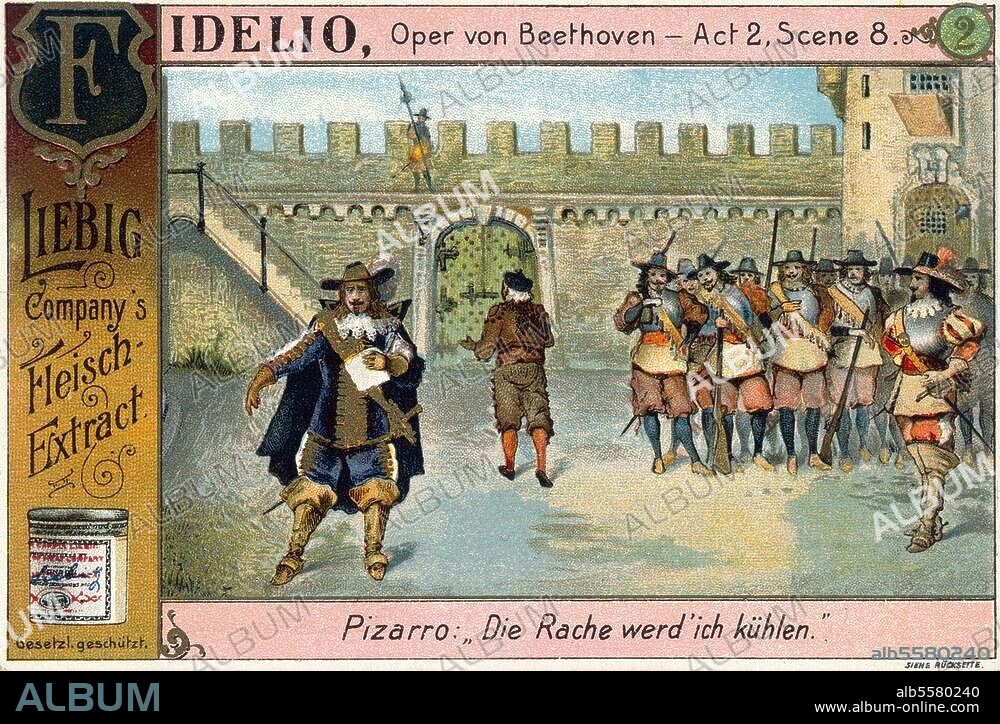 ANONYM. Beethoven, Ludwig van Komponist, 1770-1827. Werke: Fidelio (op. 72; UA 3. Fass. 1814). "Pizarro: Die Rache werd' ich kühlen.". (2. Akt, 8. Szene). Farblithographie, um 1895. Sammelbildchen der Liebig Company's Fleisch-Extract.