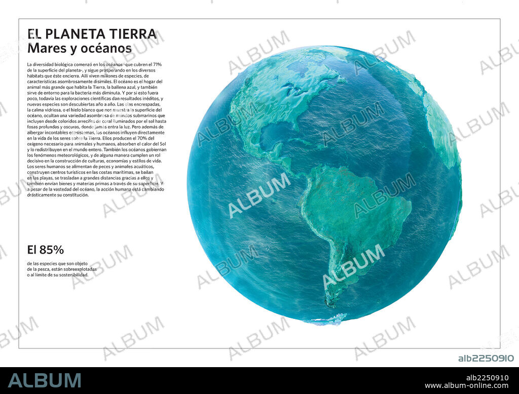 PLANETA TIERRA. Mares y océanos. Ilustración simbólica del planeta Tierra y la importancia de los mares y océanos, indispensables para la conservación de la diversidad biológica y la oxigenación de todo ser vivo.