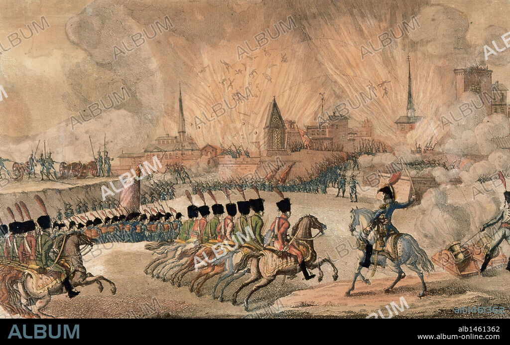 GUERRA DE LA INDEPENDENCIA. "TOMA DE ZARAGOZA POR EL EJERCITO FRANCES EL 27 DE FEBRERO DE 1809". Hechos acaecidos tras el largo sitio vivido por la ciudad (1808-1809). 262x353 mm. Cobre, talla dulce: aguafuerte y buril. Colección Arteclio. Pamplona. Museo Municipal. Madrid. España.
