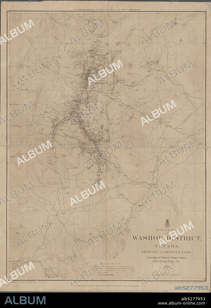 Outline map of Washoe District, Nevada , cartographic, Maps, 1879, Geographical Surveys West of the 100th Meridian (U.S.), Bien, Julius, 1826-1909, Wheeler, George M. (George Montague), 1842-1905, United States. Army. Corps of Engineers.