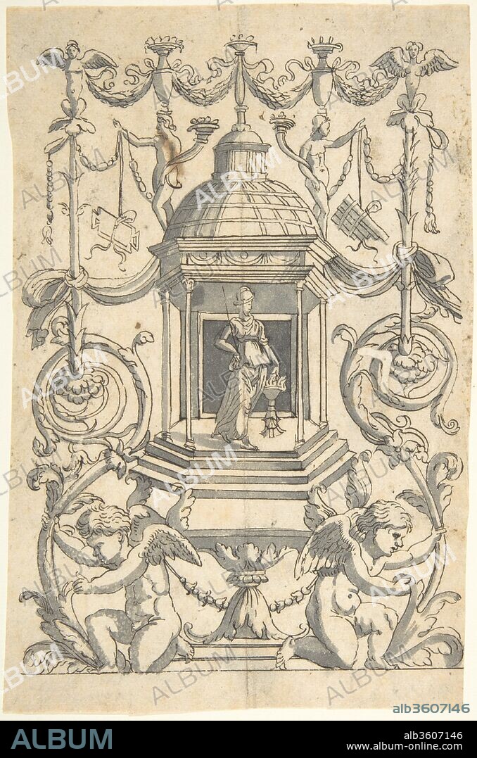 Grotesque with a Female Figure (Minerva?) in a Temple-like Structure with a Cupola. Artist: After Agostino Veneziano (Agostino dei Musi) (Italian, Venice ca. 1490-after 1536 Rome); Anonymous, Italian, 16th century ?. Dimensions: Sheet: 8 9/16 x 5 5/8 in. (21.8 x 14.3 cm). Date: 1540 after.
Grotesque after a print by Agostino Veneziano thought to have been published arund 1530. The design is characterized by a an architectural structure with a cupola in the middle. The structure is open on all sides but the back, and in it a female figure with a helmet, possibly Minerva, is visible. The building is supported by a foot which is flanked on both sides by cupids. They hold onto meandering acanthus scrolls which form the basis for a decorative structure made up out of vases and garlands.