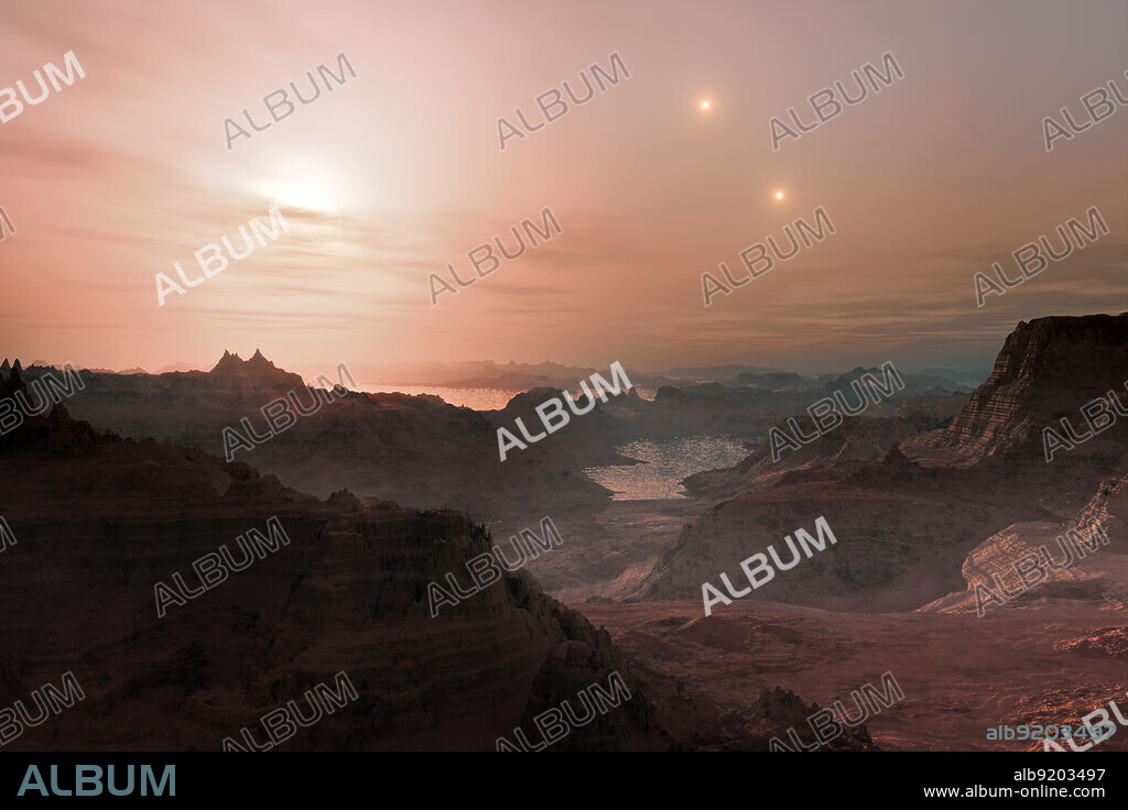 Artist's impression shows a sunset seen from the super-Earth Gliese 667 Cc. The brightest star in the sky is the red dwarf Gliese 667 C, which is part of a triple star system. The other two more distant stars, Gliese 667 A and B appear in the sky also to the right. Astronomers have estimated that there are tens of billions of such rocky worlds orbiting faint red dwarf stars in the Milky Way alone. Release date March 28, 2012.