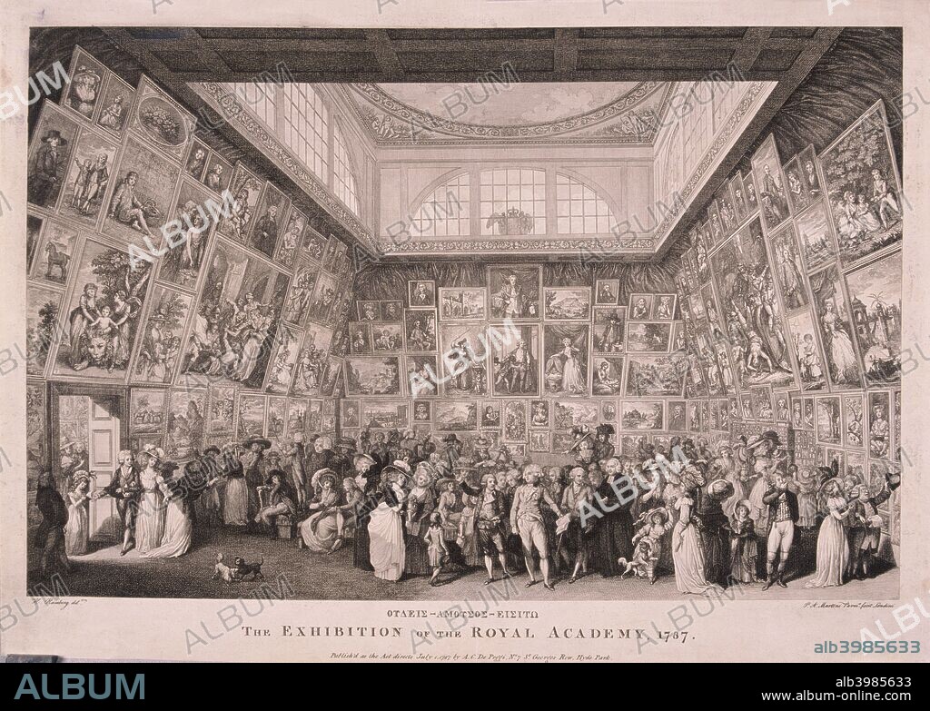 Interior view of Somerset House, Westminster, London, 1788; showing the Royal family viewing an exhibition of the Royal Academy of Arts in 1788. King George III and Queen Charlotte stand in the centre of the room with their children and  courtiers, with paintings lining the walls from floor to ceiling around them.