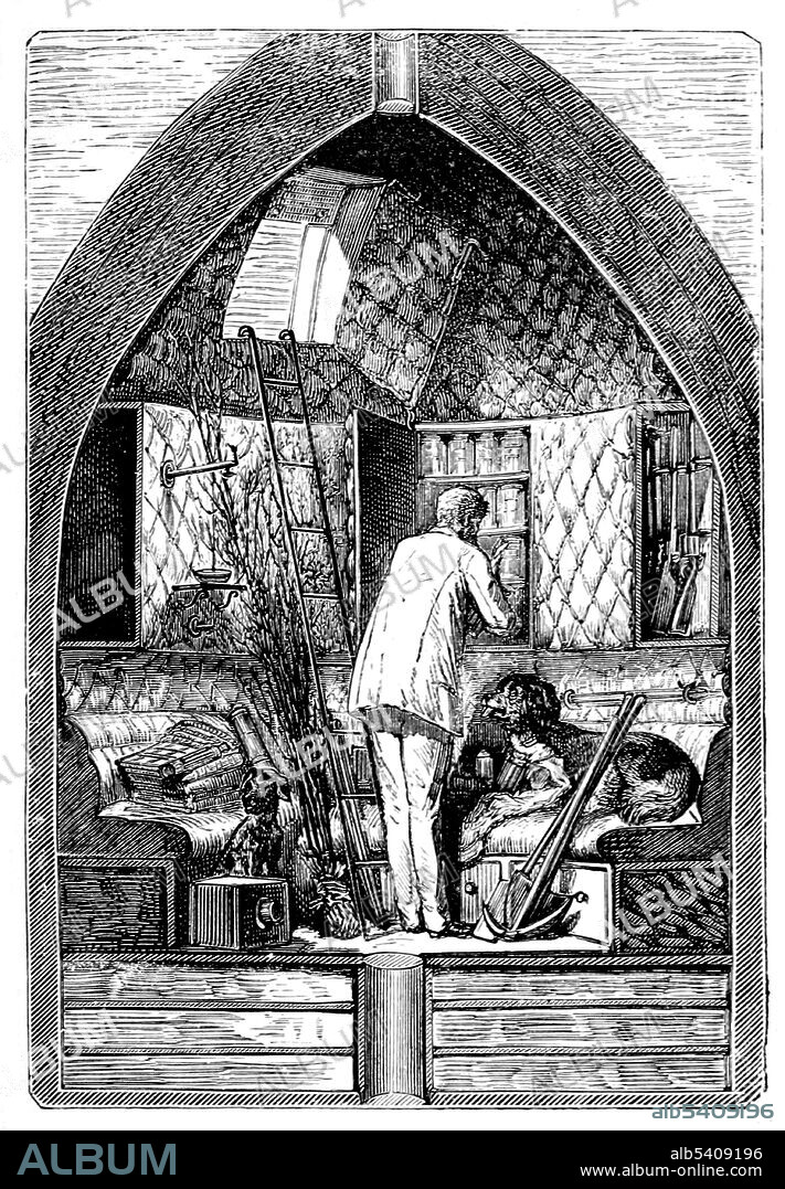 Interior of  Columbiad. From the Earth to the Moon is an 1865 novel by Jules Verne. It tells the story of the Baltimore Gun Club, and their attempts to launch 3 people in a projectile to land on the moon. The story is notable in that Verne attempted to do calculations as to the requirements for the cannon and some of his figures are remarkably accurate. The sequel, Around the Moon, deals with what happens to the 3 men in their travel from the Earth to the Moon. It was later combined with From the Earth to the Moon to create A Trip to the Moon and Around It. Illustration by Émile-Antoine Bayard and Alphonse de Neuville, 1872.