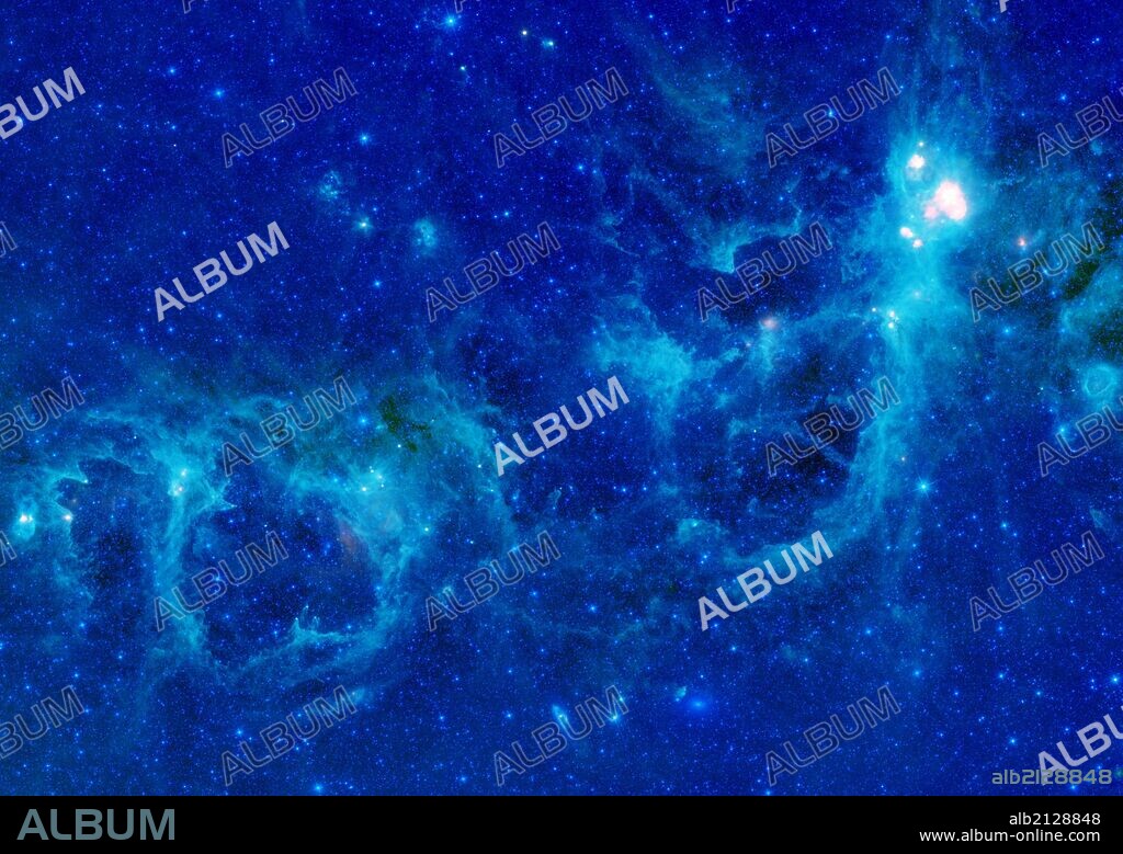 The Heart and Soul nebulae are seen in this infrared mosaic from NASA's WISE. Located in the constellation Cassiopeia, about 6,000 light-years from Earth, the Heart and Soul nebulae form a vast star-forming complex that makes up part of the Perseus spiral arm of our Milky Way galaxy. The nebula to the right is the Heart, and to the left is the Soul nebula. (Photo by: Universal History Archive/UIG via Getty Images).