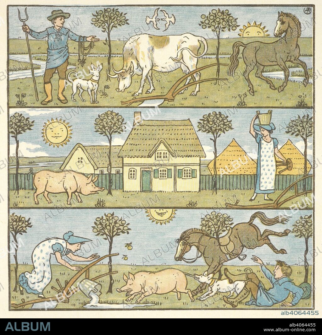 WALTER CRANE. Colour illustration for 'the little disaster'. A farmer, a milk maid and various farm animals. Triplets. Comprising, The Baby's Opera, The Baby's Bouquet, and The Baby's Own Ã†sop. With the original designs in colour by W. Crane, etc. London : G. Routledge & Sons, 1899. Source: K.10.a.25 page 87.