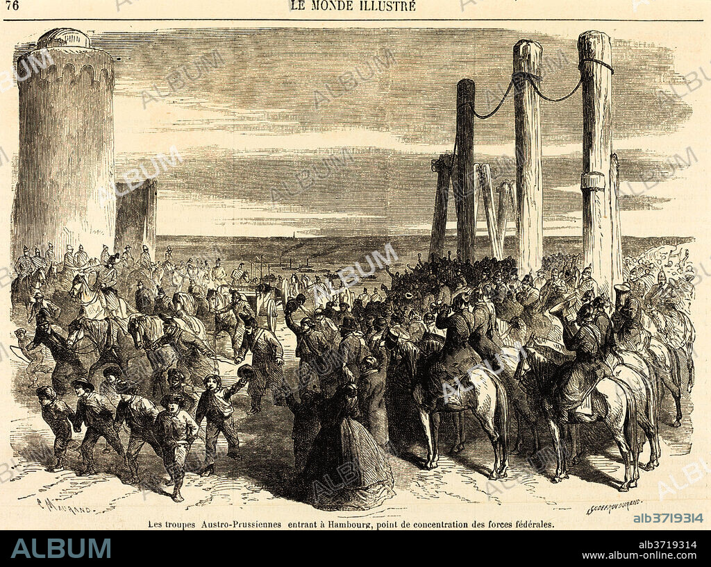 CHARLES MAURAND AFTER GODEFROY DURAND. Les troupes Austro-Prussiennes entrant a Hambourg ... [top half]. Dated: published 1864. Medium: wood engraving.