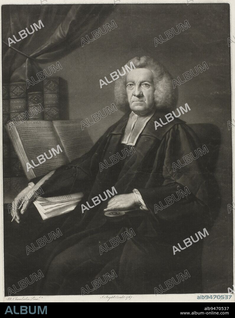 Portrait of Samuel Chandler at a desk The Rev. Samuel Chandler D.D. F.R. & A.S., print maker: William Pether, (mentioned on object), after: Mason Chamberlin, (mentioned on object), publisher: John Boydell, (mentioned on object), London, 1767, paper, etching, h 503 mm × w 357 mm.
